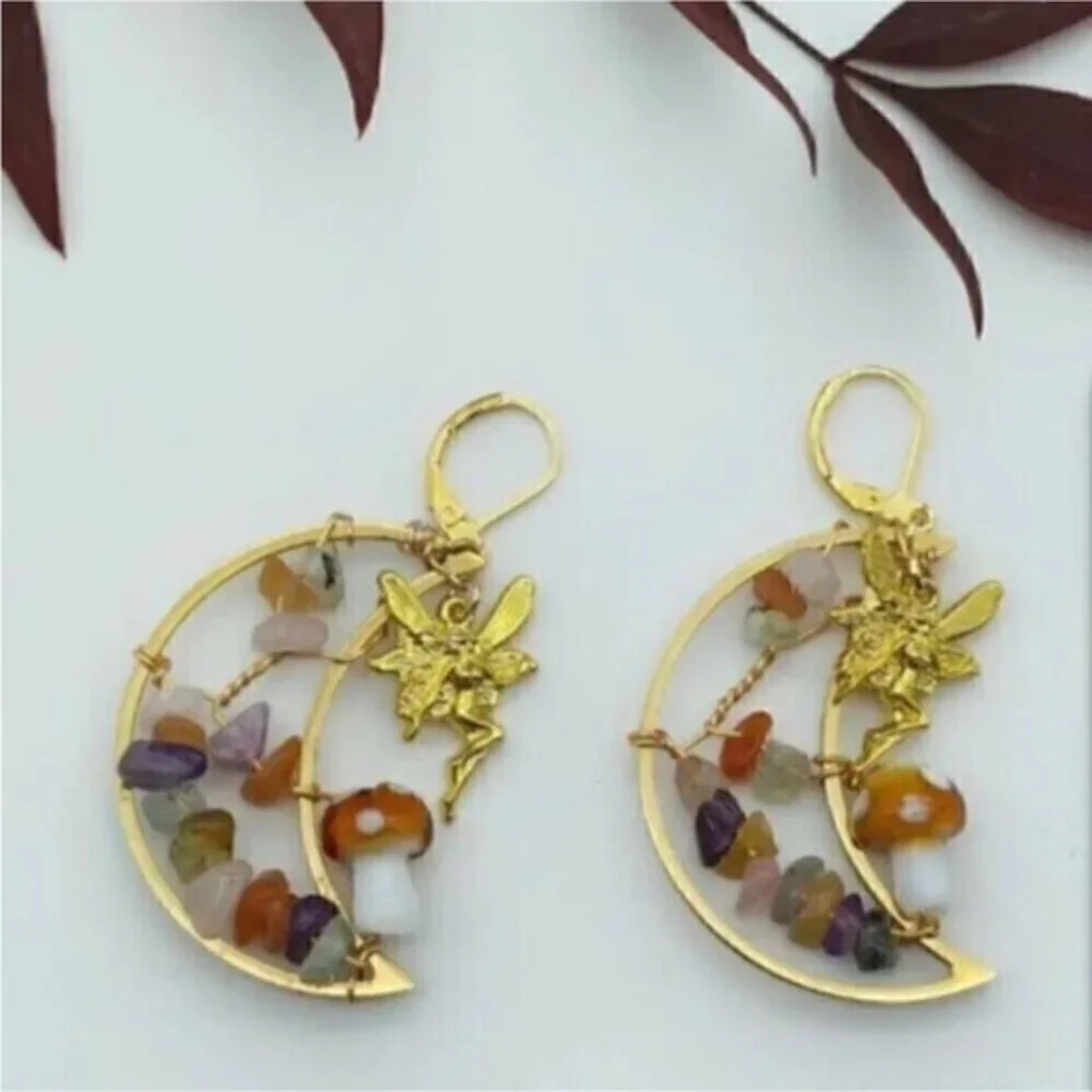 Crescent Moon Gold Mushroom Colorful Stone Fairycore Earrings - Picture 3 of 6